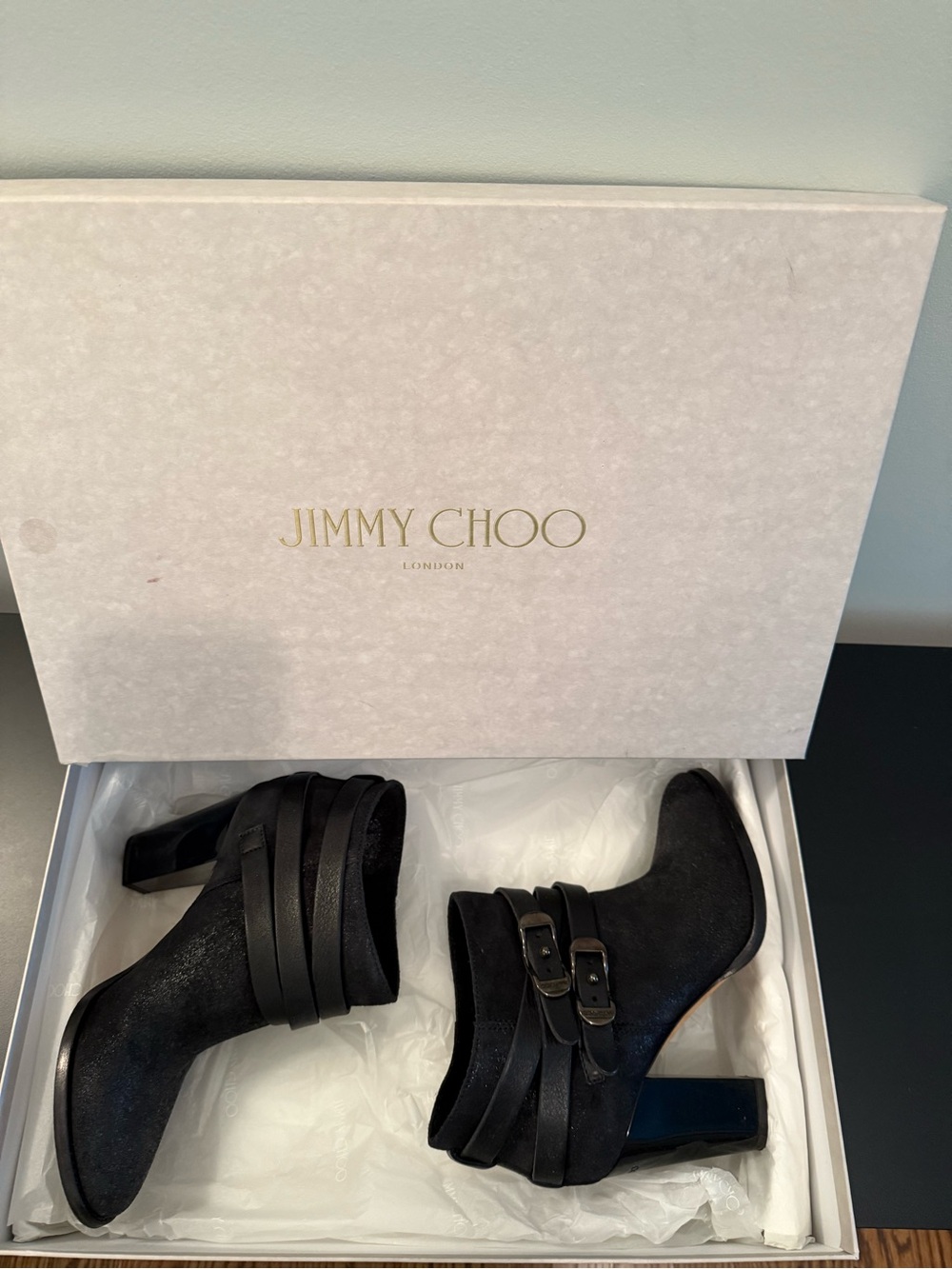 JIMMY CHOO Black Suede Ankle Boots with Strap and Buckle Detail